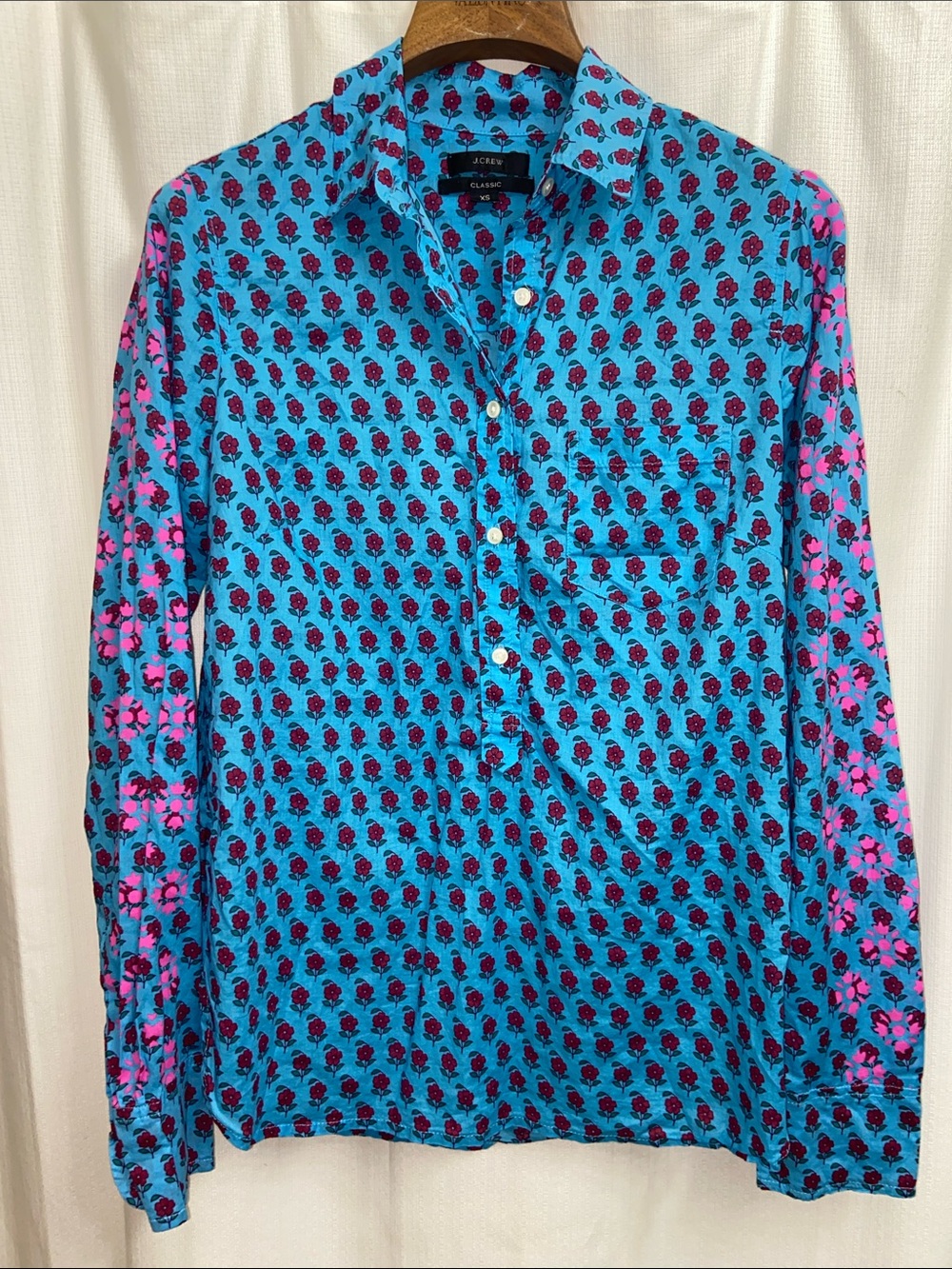 J. Crew Lightweight Cotton Turquoise Button-Down Shirt with Pink Floral Print